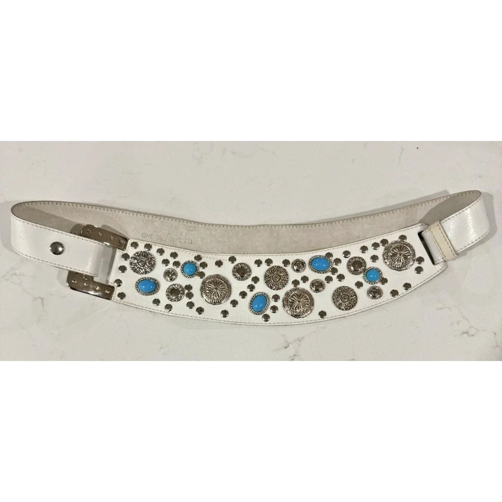 Rare Vintage White Leather Turquoise & Medallion Belt Womens OSFM Southwest